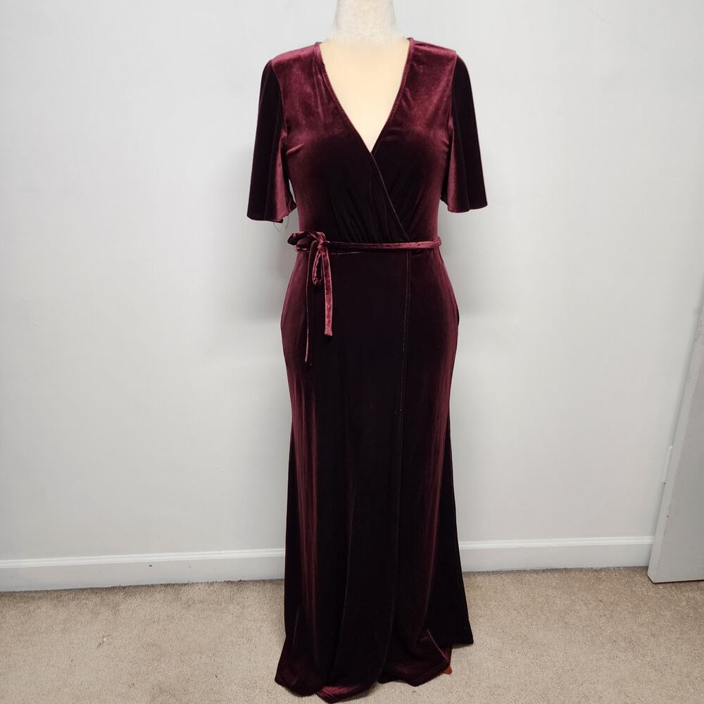 DB Studio Full Length Velvet Dress Size 10 Wine Surplice Ruffle Sleeve